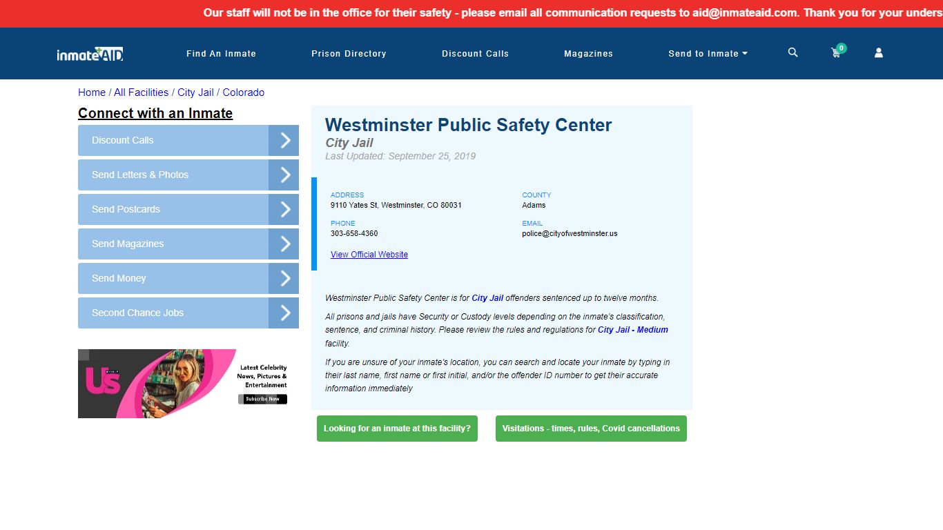 Westminster Public Safety Center | Inmate Locator