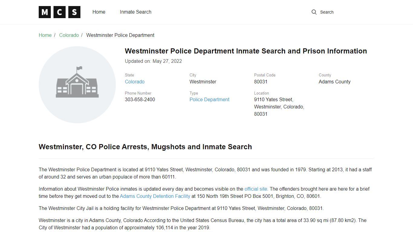 Westminster Police Department Inmate Search and Prison ...