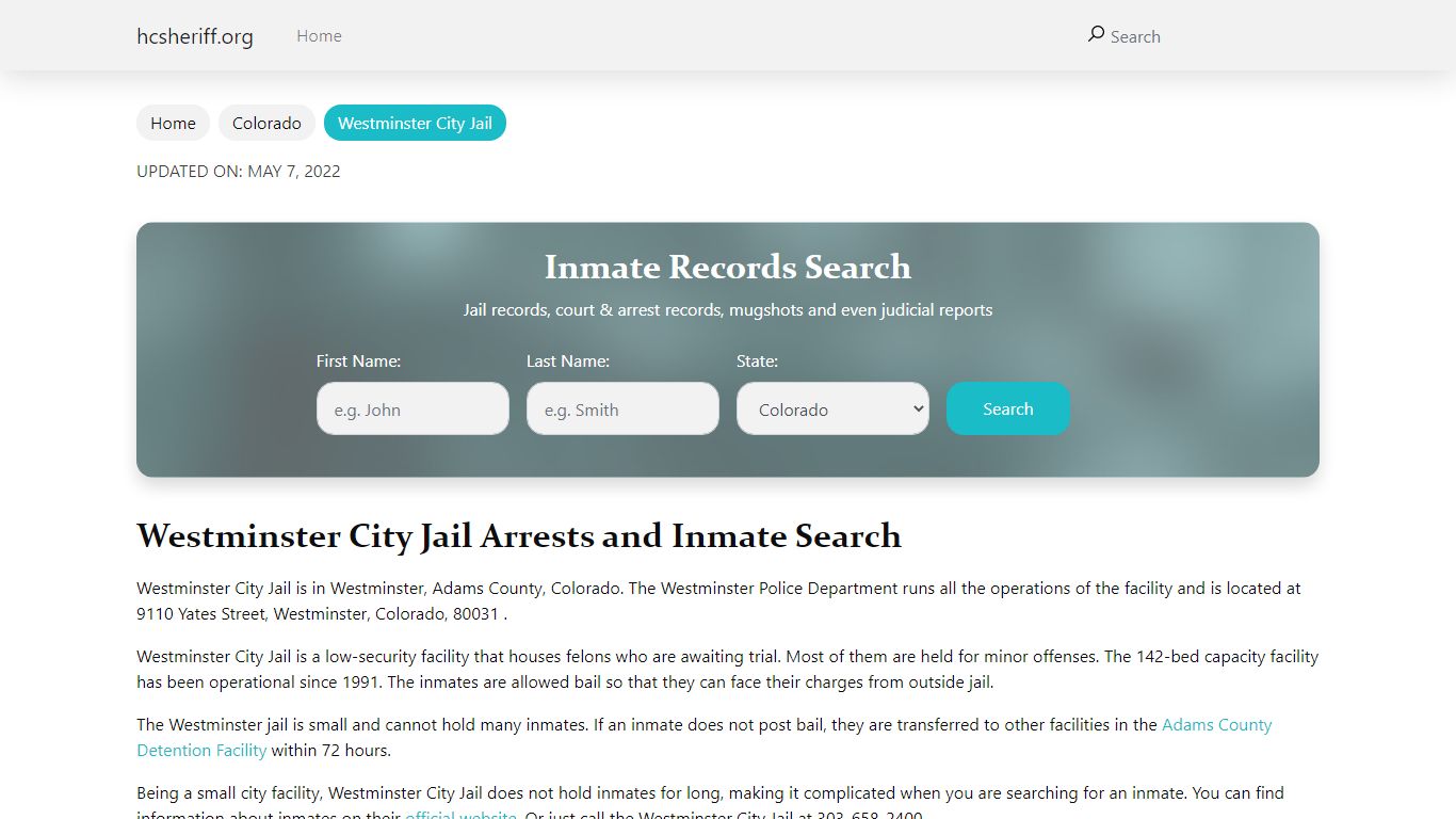 Westminster City Jail Arrests and Inmate Search